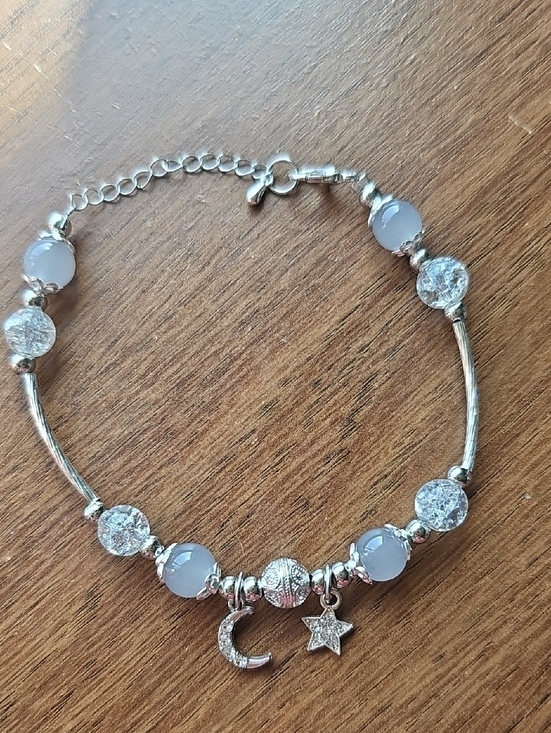 None Jewelry - New Silver Tone Rhinestone Moon & Star Charms Beaded Bracelet